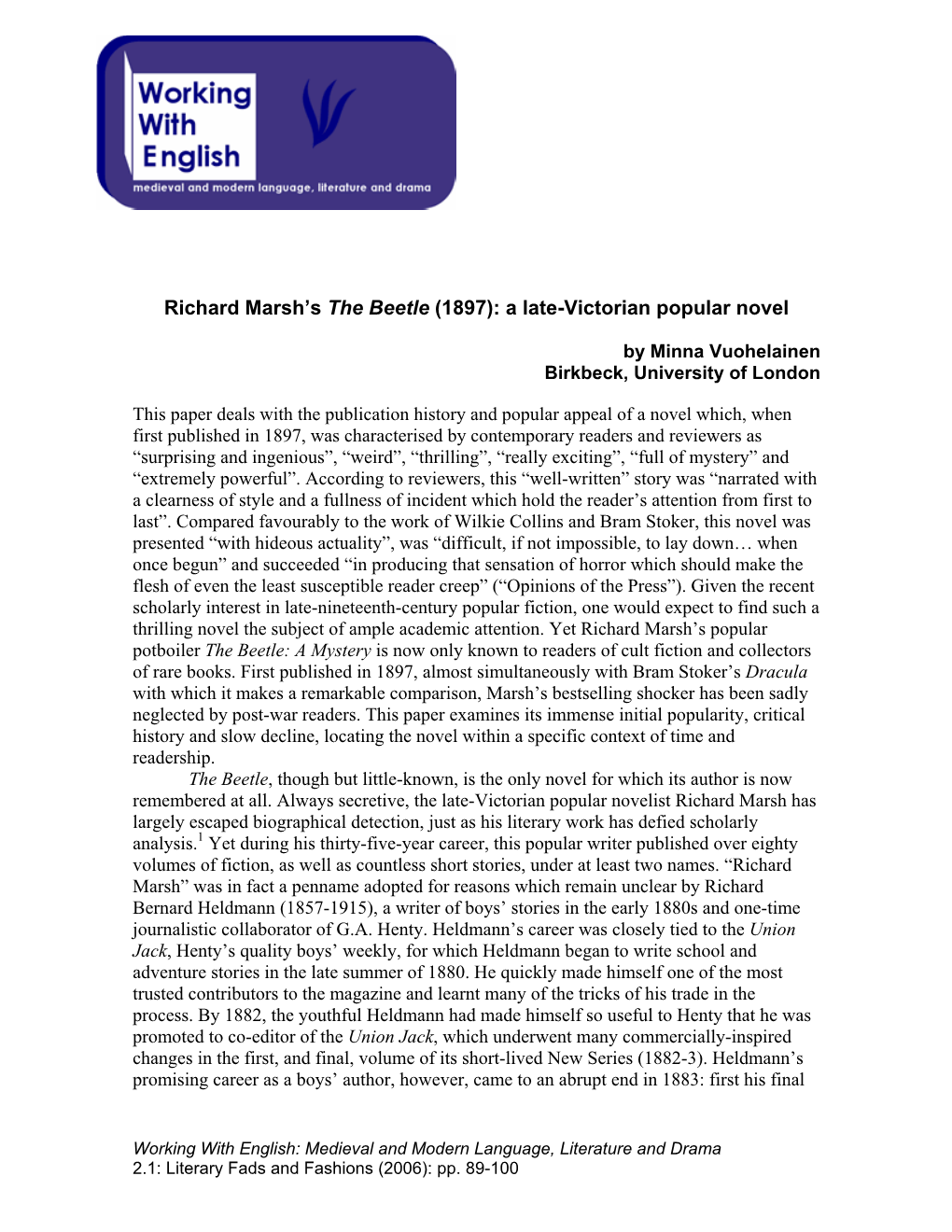 Richard Marsh's the Beetle (1897): a Late-Victorian Popular Novel