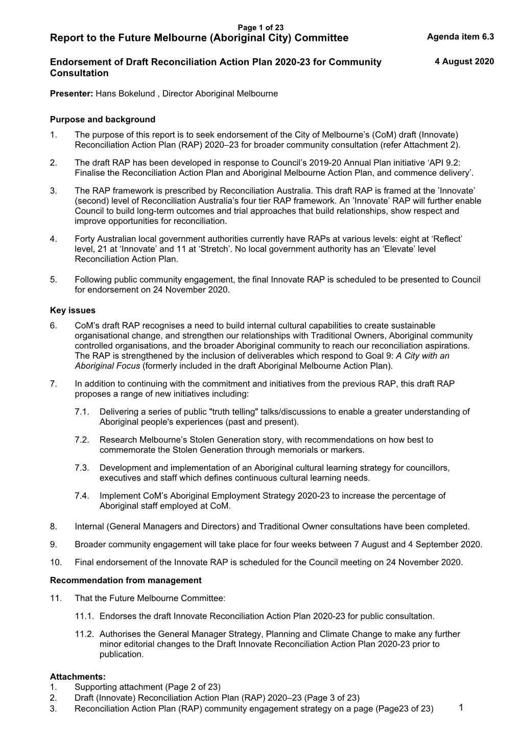 Report to the Future Melbourne (Aboriginal City) Committee Agenda Item 6.3
