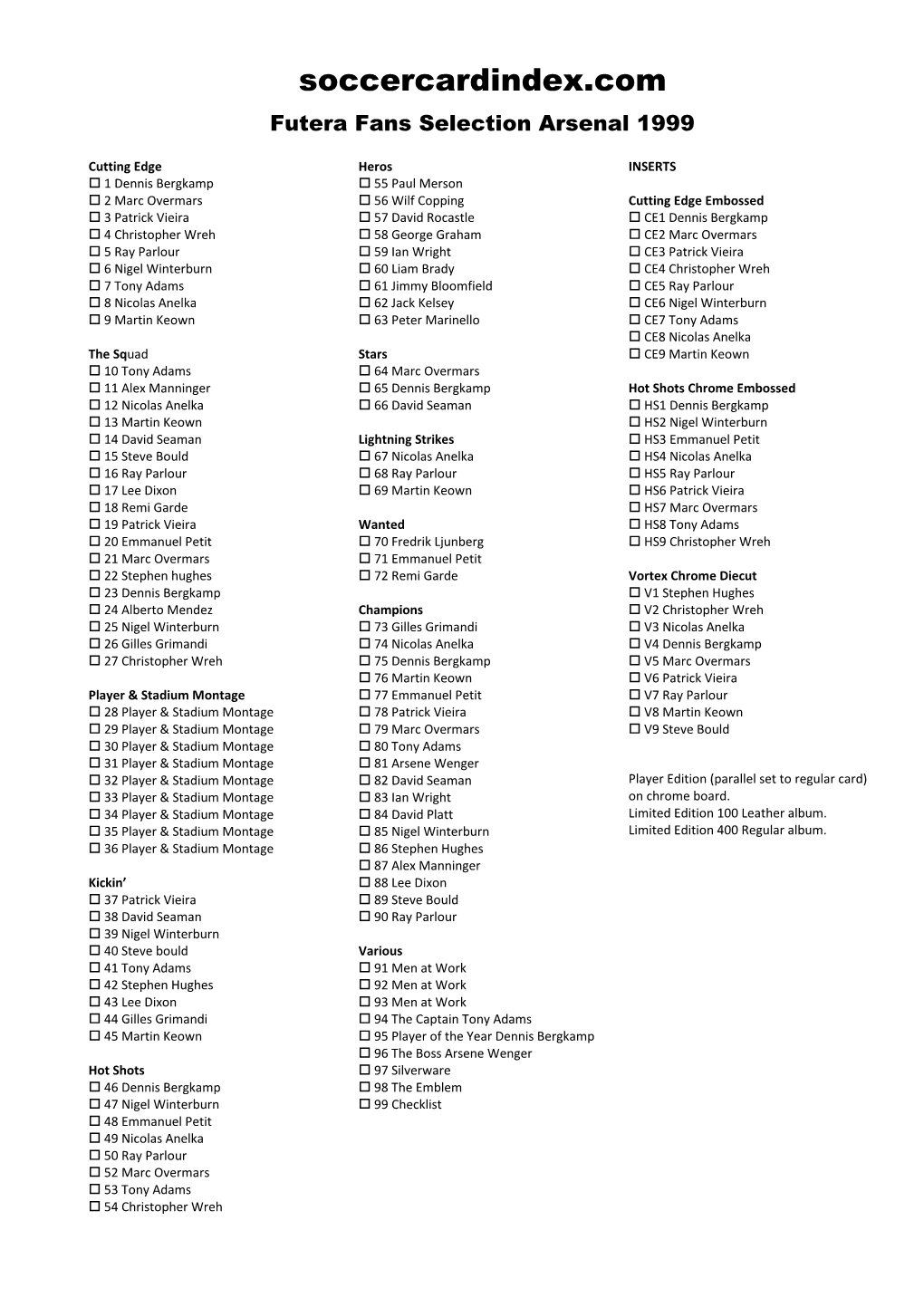 Futera Fans Selection Arsenal 1999