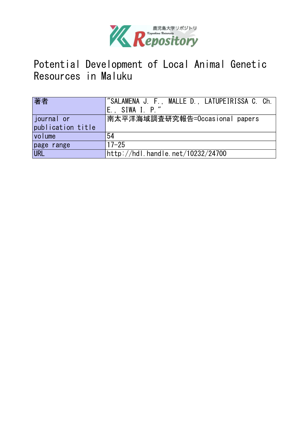 Potential Development of Local Animal Genetic Resources in Maluku