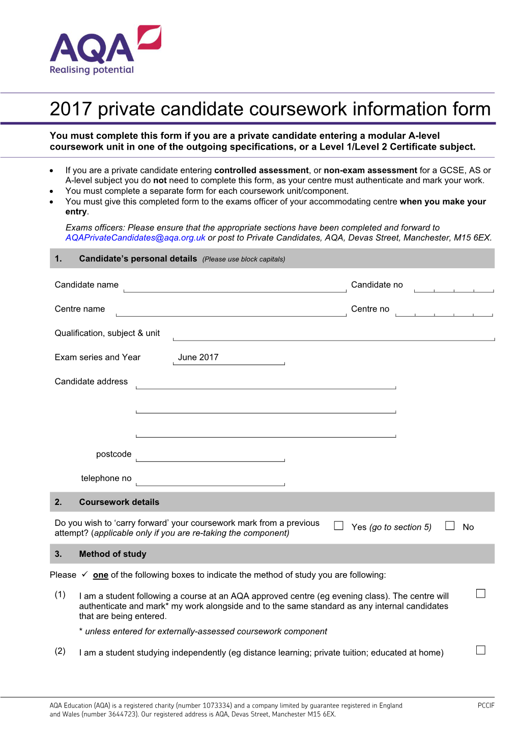 Private Candidate Coursework Information Form Candidate