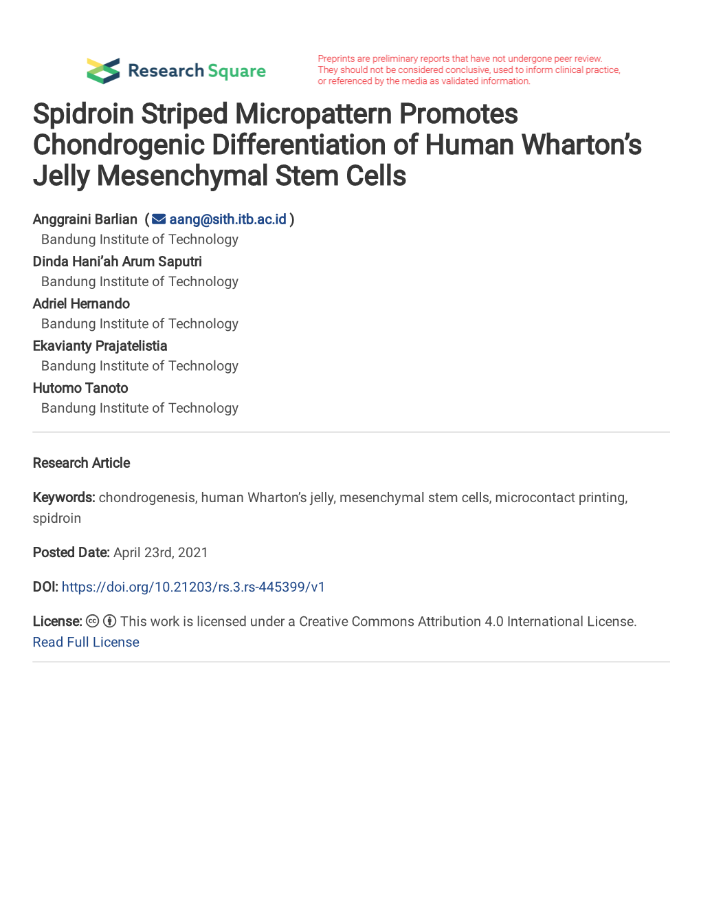 Spidroin Striped Micropattern Promotes Chondrogenic Differentiation of Human Wharton's Jelly Mesenchymal Stem Cells
