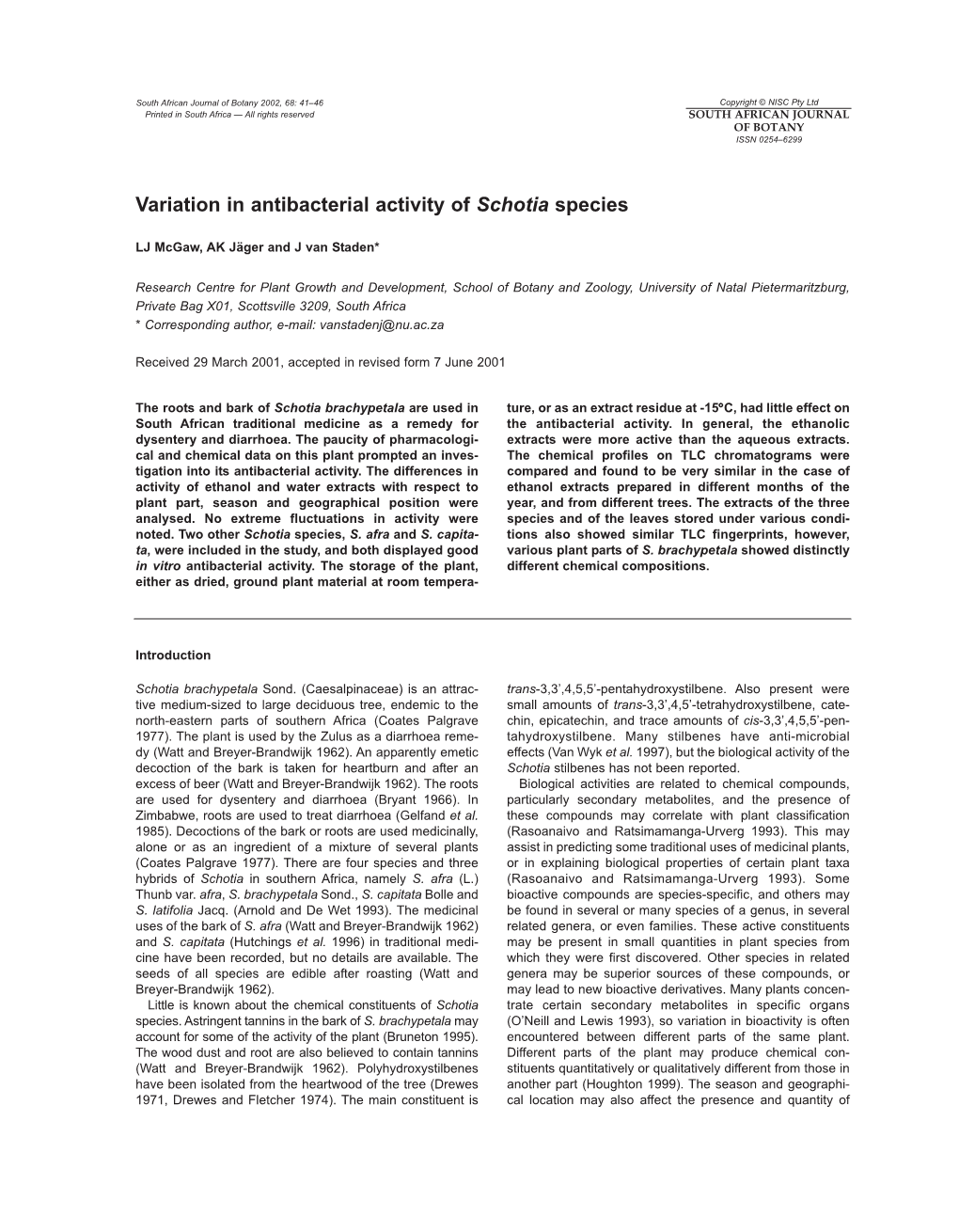 Variation in Antibacterial Activity of Schotia Species