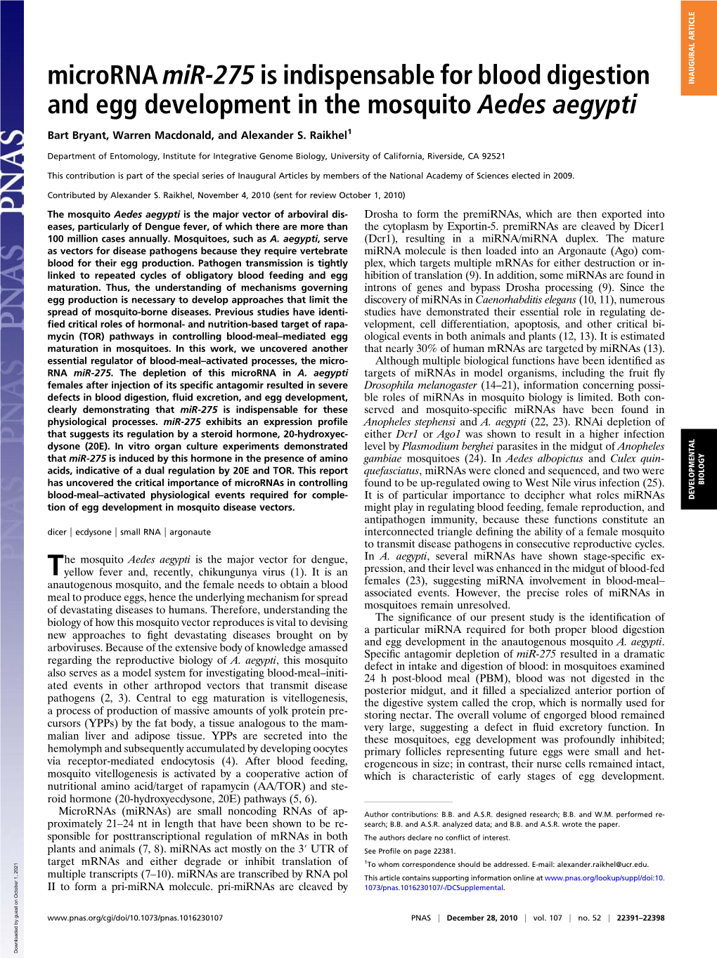 Microrna Mir-275 Is Indispensable for Blood Digestion and Egg