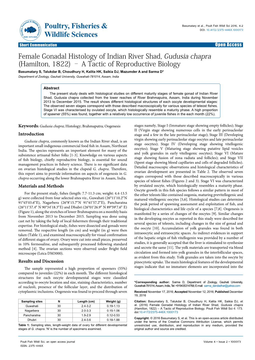 Female Gonadal Histology of Indian River Shad, Gudusia Chapra