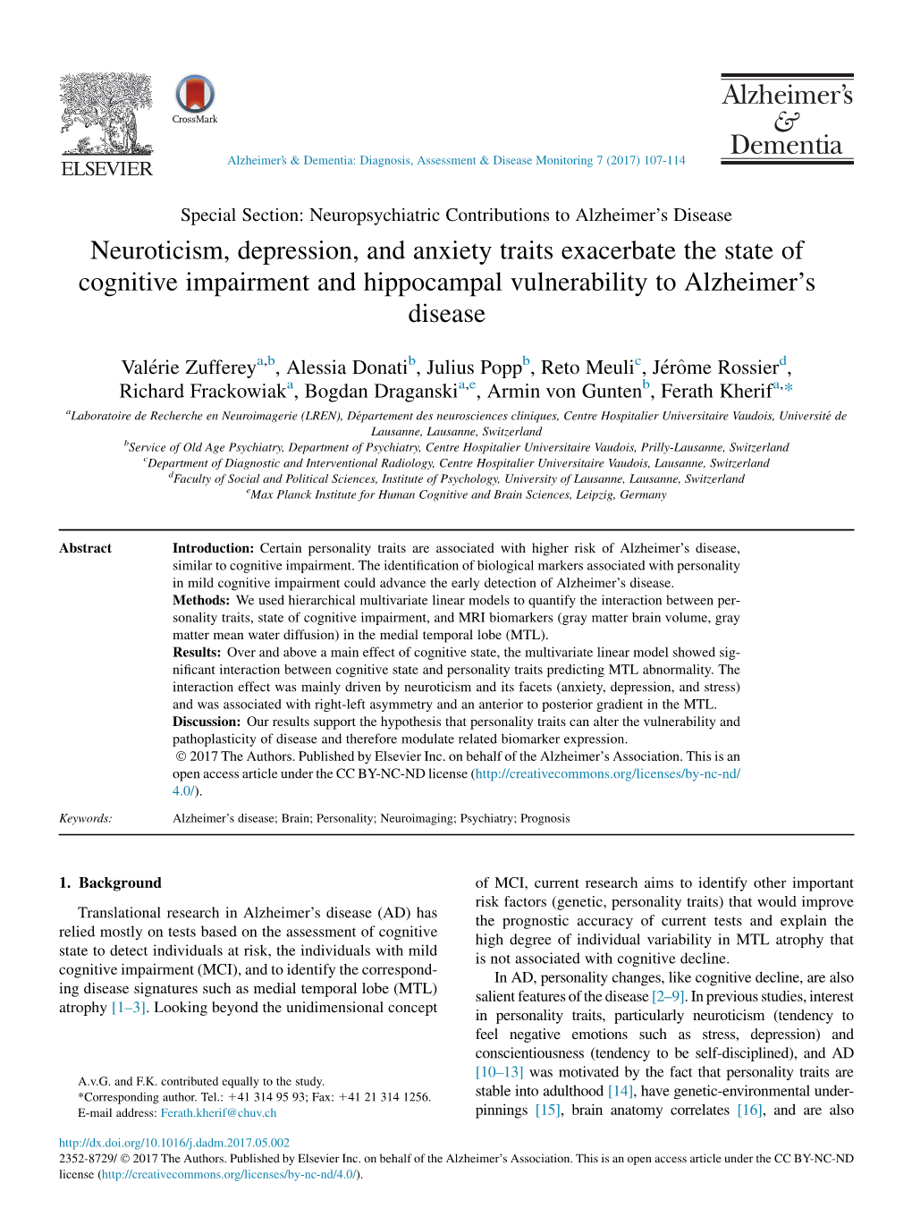 Neuroticism, Depression, and Anxiety Traits Exacerbate the State of Cognitive Impairment and Hippocampal Vulnerability to Alzheimer’S Disease