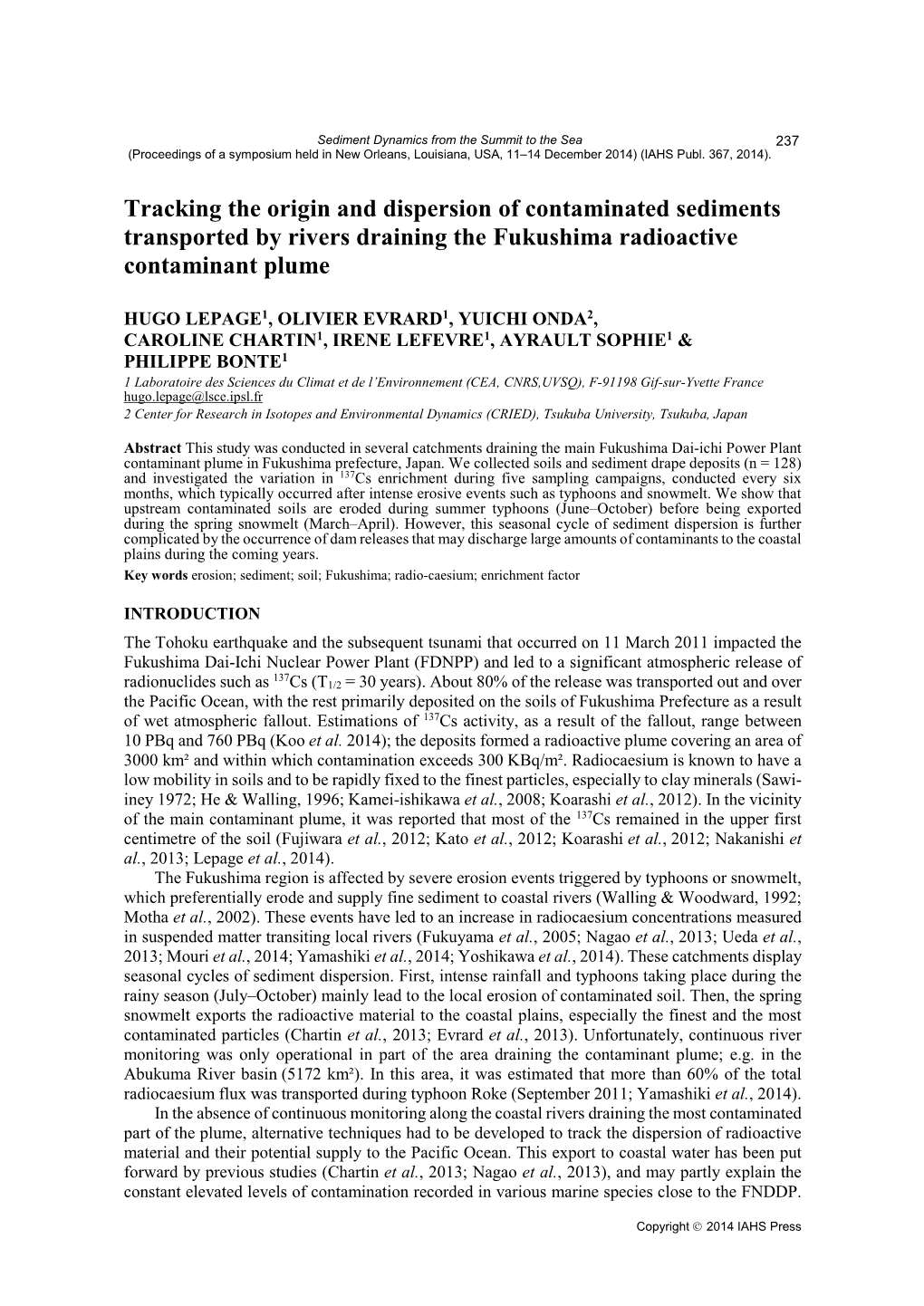 Tracking the Origin and Dispersion of Contaminated Sediments Transported by Rivers Draining the Fukushima Radioactive Contaminant Plume