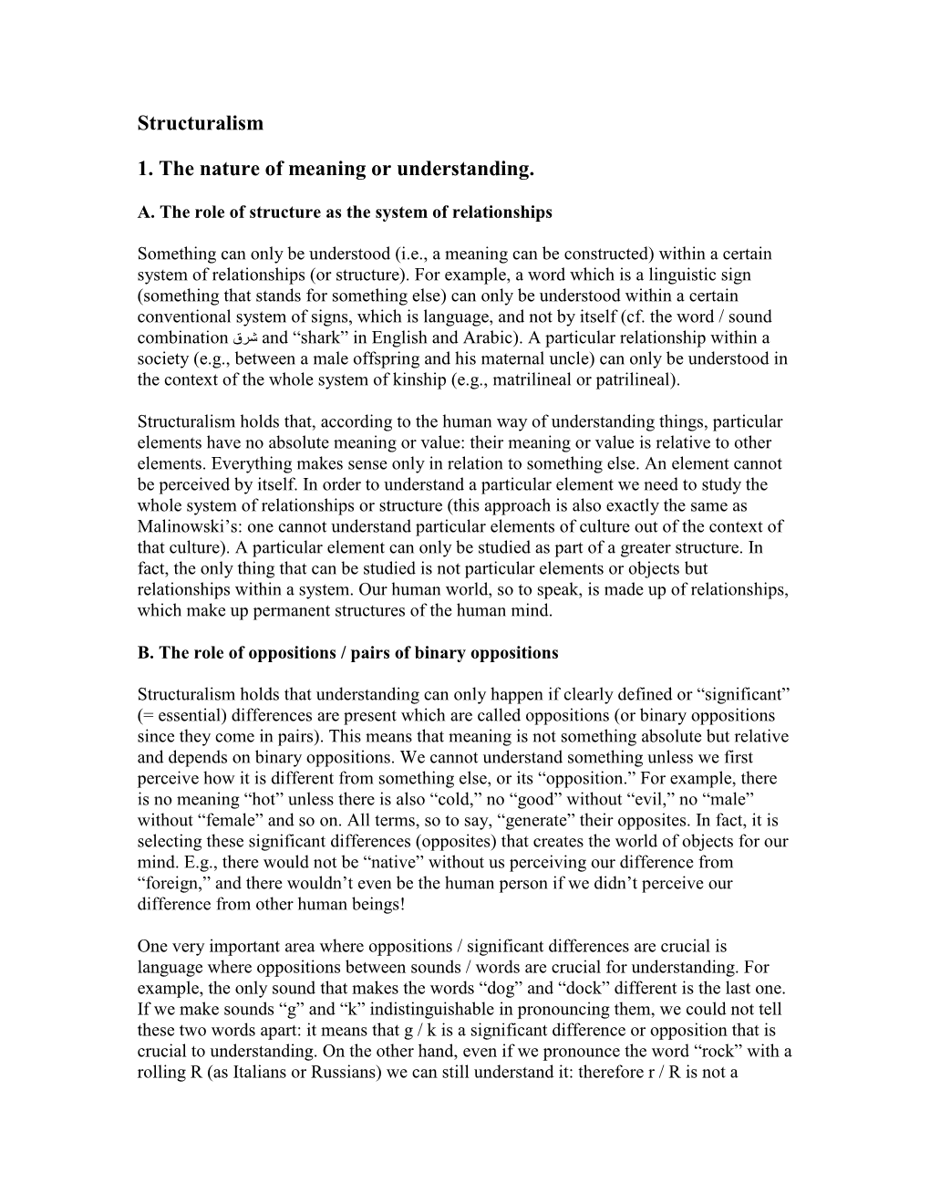 Structuralism 1. the Nature of Meaning Or Understanding