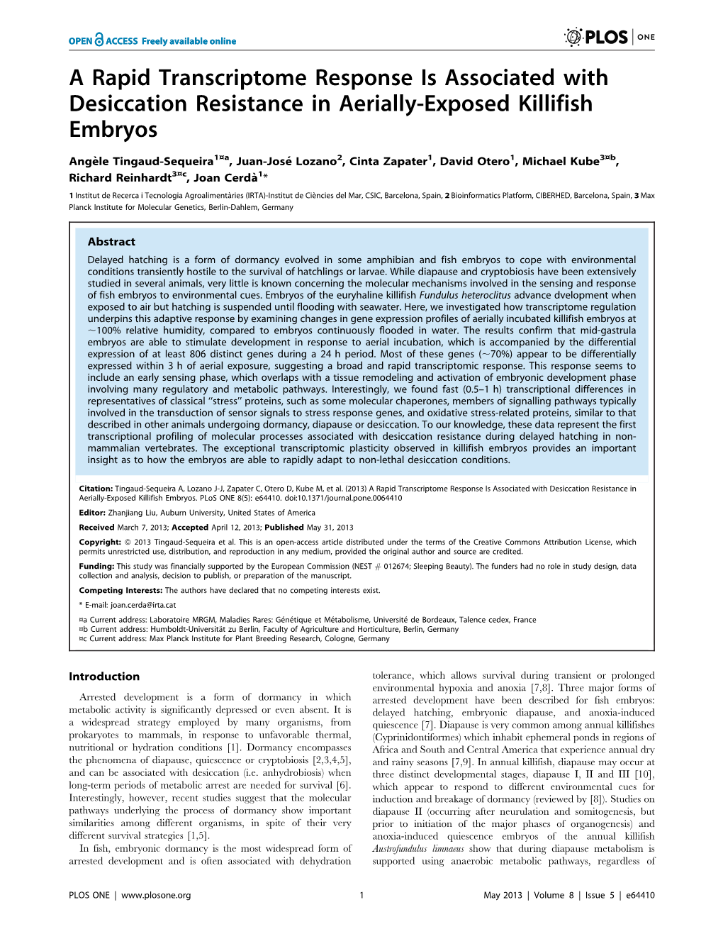 A Rapid Transcriptome Response Is Associated with Desiccation Resistance in Aerially-Exposed Killifish Embryos