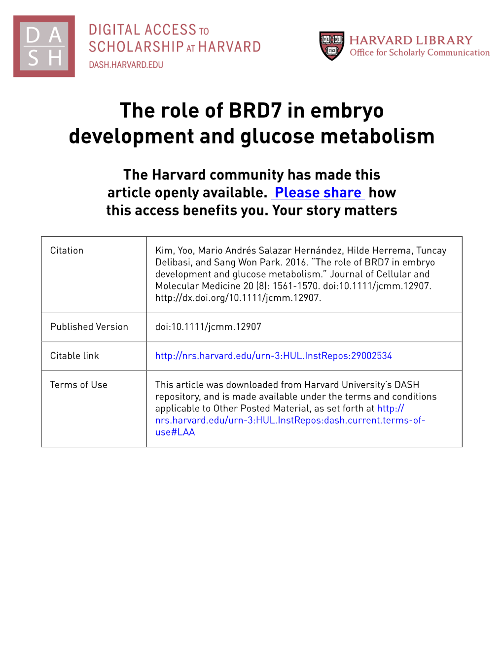 The Role of BRD7 in Embryo Development and Glucose Metabolism