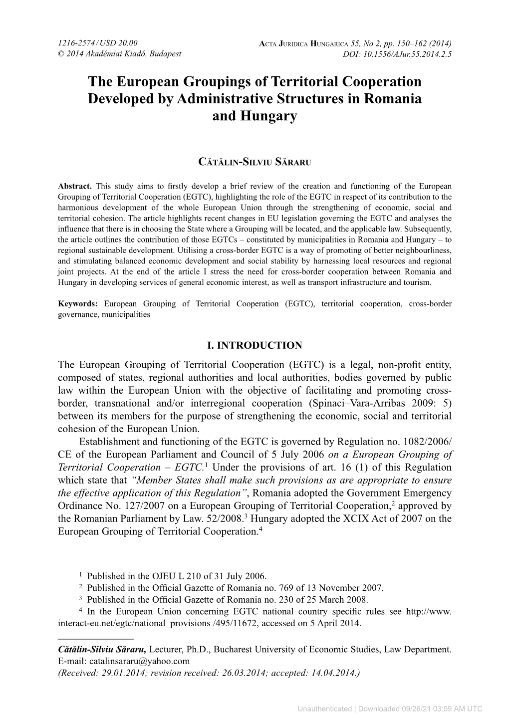 The European Groupings of Territorial Cooperation Developed by Administrative Structures in Romania and Hungary