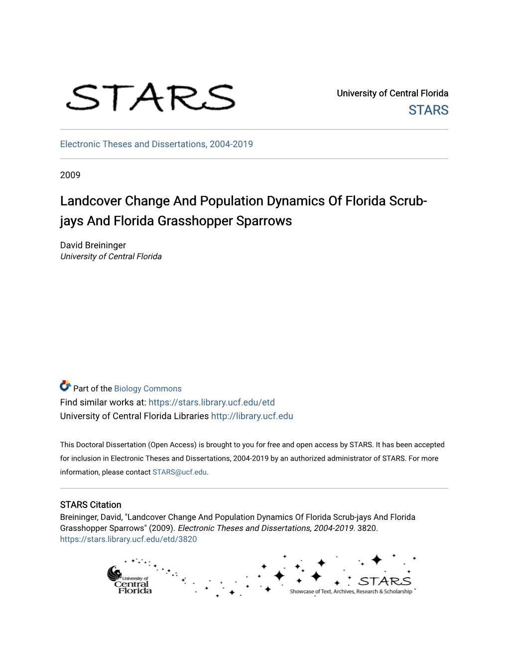 Landcover Change and Population Dynamics of Florida Scrub-Jays and Florida Grasshopper Sparrows" (2009)