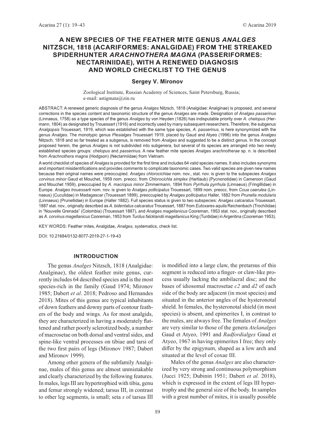 A New Species of the Feather Mite Genus Analges Nitzsch