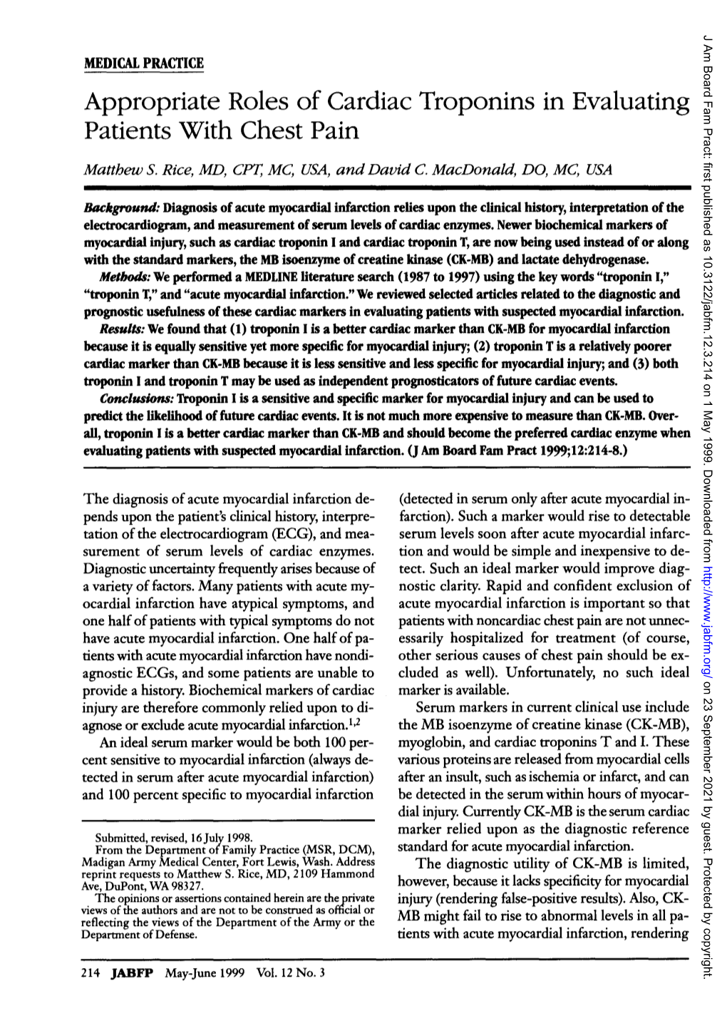 Appropriate Roles of Cardiac Troponins in Evaluating Patients with Chest Pain