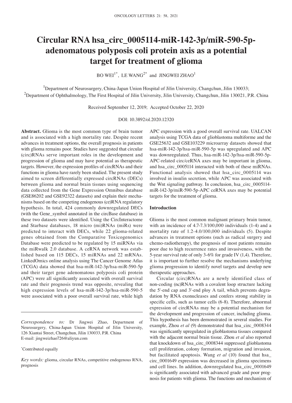 Circular RNA Hsa Circ 0005114‑Mir‑142‑3P/Mir‑590‑5P‑ Adenomatous