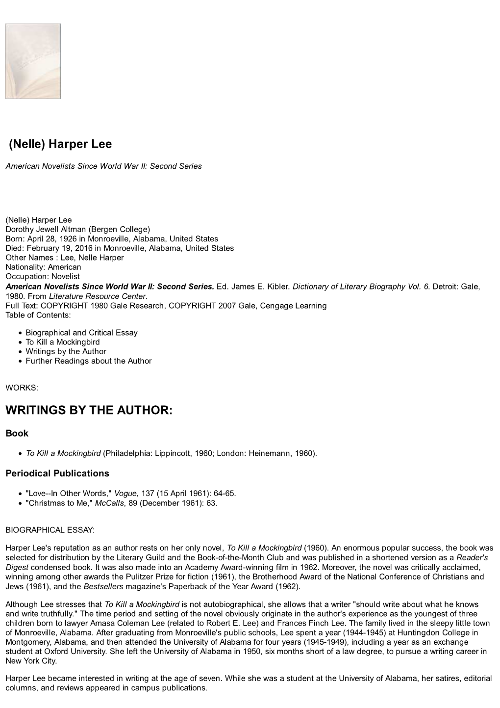 (Nelle) Harper Lee WRITINGS by the AUTHOR