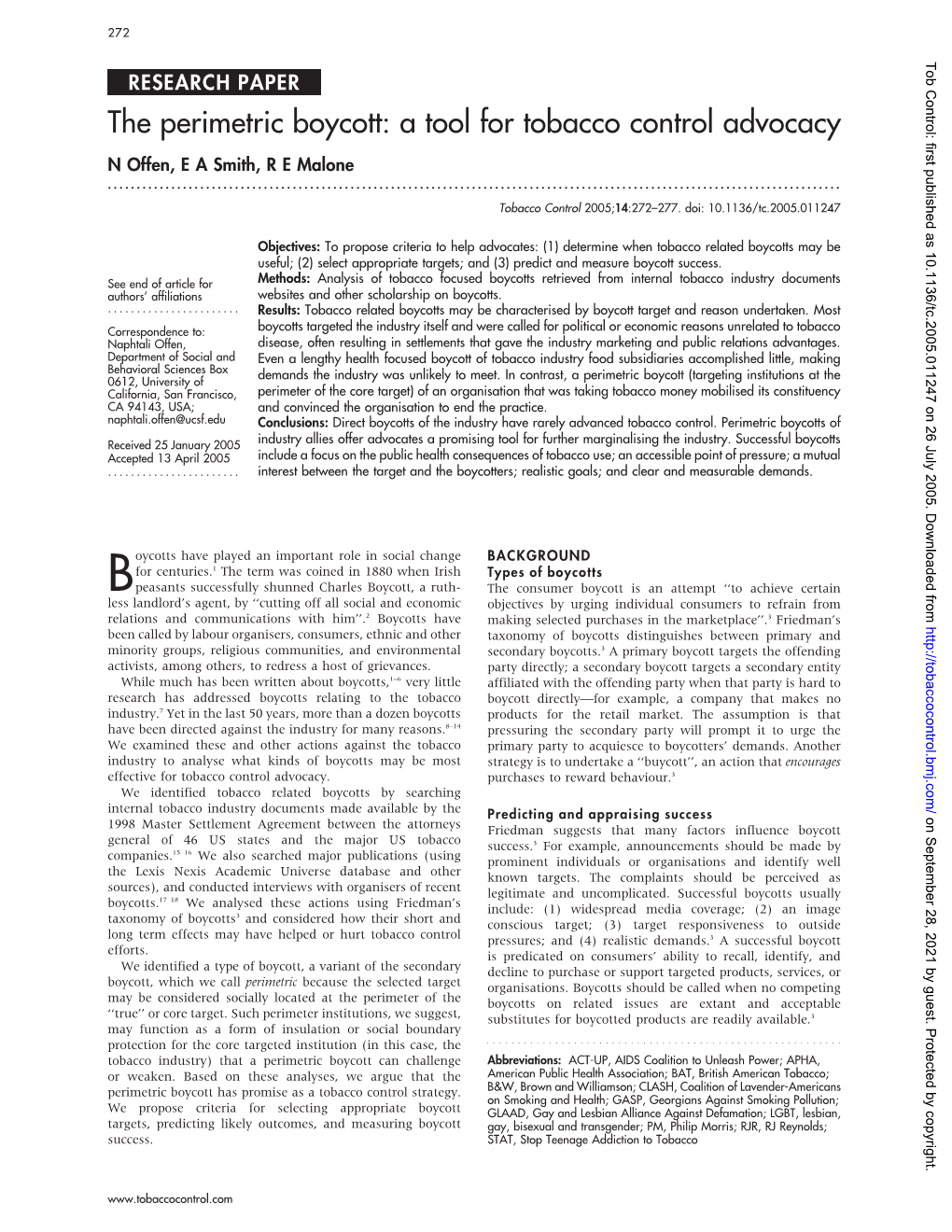 The Perimetric Boycott: a Tool for Tobacco Control Advocacy N Offen, E a Smith, R E Malone