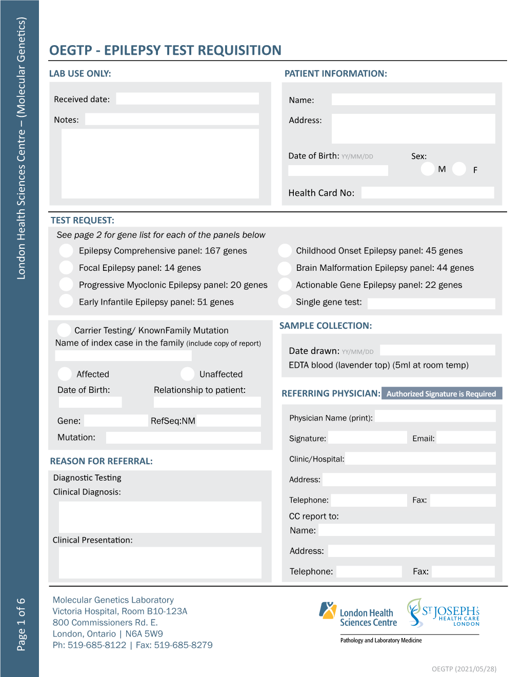 Oegtp - Epilepsy Test Requisition Lab Use Only: Patient Information