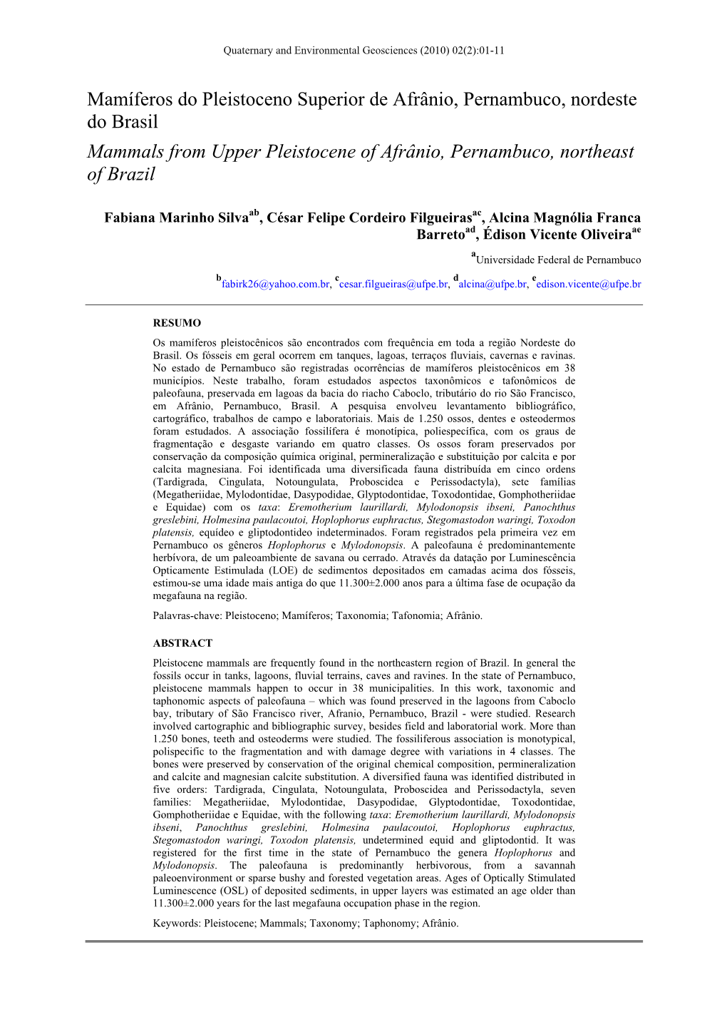 Mammals from Upper Pleistocene of Afrânio, Pernambuco, Northeast of Brazil