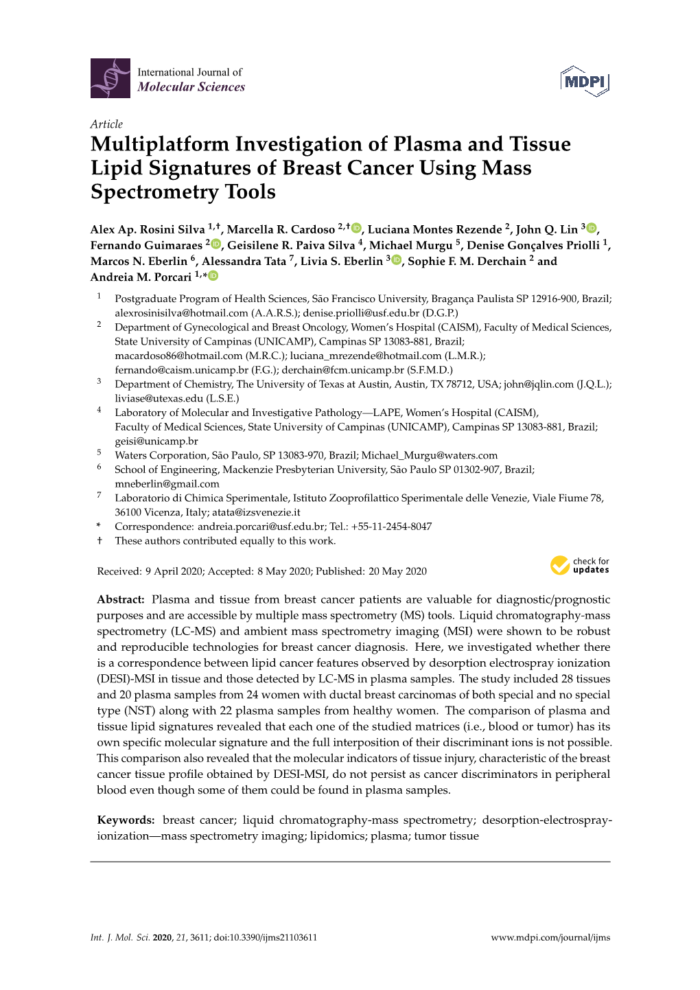 Multiplatform Investigation of Plasma and Tissue Lipid Signatures of Breast Cancer Using Mass Spectrometry Tools