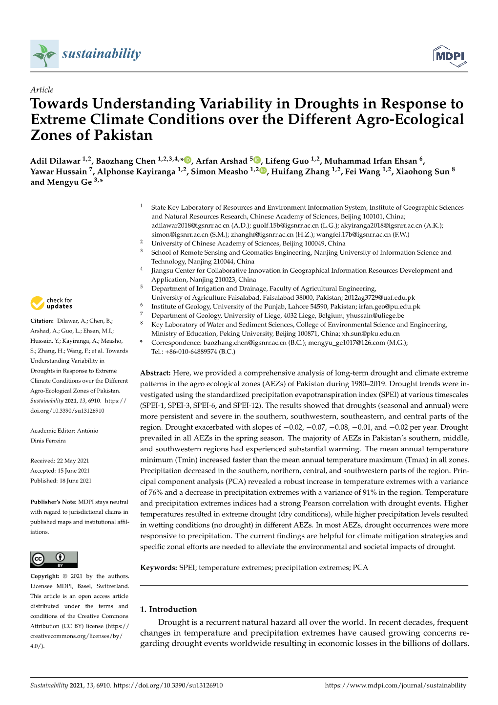 Towards Understanding Variability in Droughts in Response to Extreme Climate Conditions Over the Different Agro-Ecological Zones of Pakistan