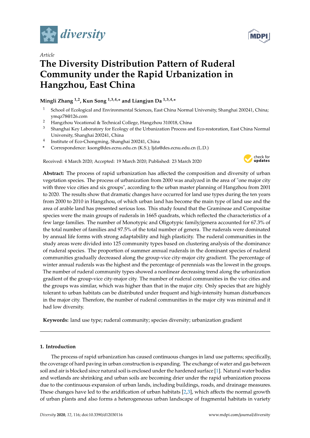 The Diversity Distribution Pattern of Ruderal Community Under the Rapid Urbanization in Hangzhou, East China