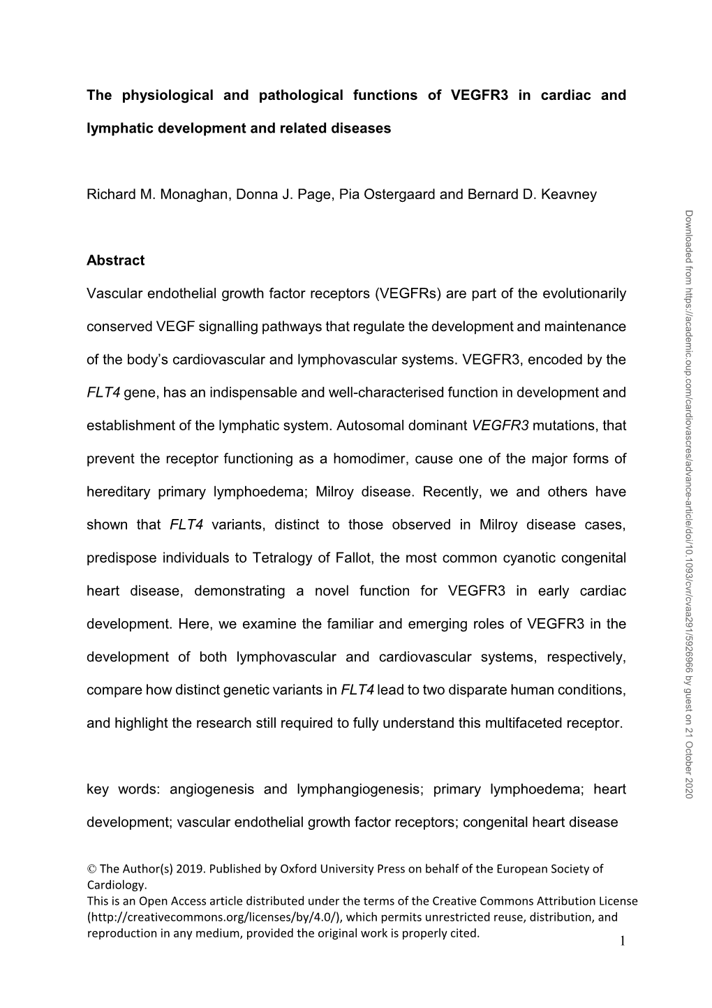 1 the Physiological and Pathological Functions of VEGFR3 in Cardiac And