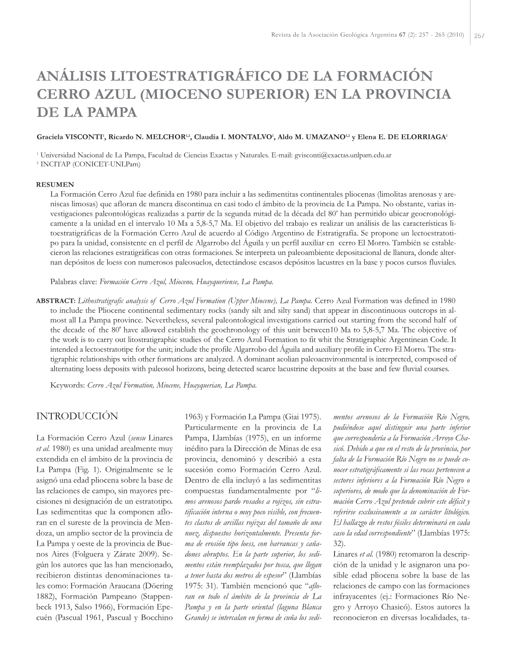 Análisis Litoestratigráfico De La Formación Cerro Azul (Mioceno Superior) En La Provincia De La Pampa