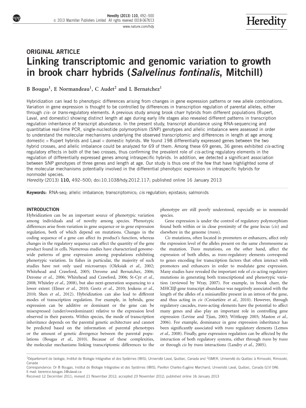 Linking Transcriptomic and Genomic Variation to Growth in Brook Charr Hybrids (Salvelinus Fontinalis, Mitchill)