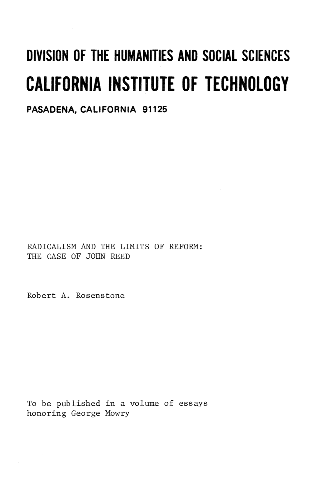 Radicalism and the Limits of Reform: the Case of John Reed