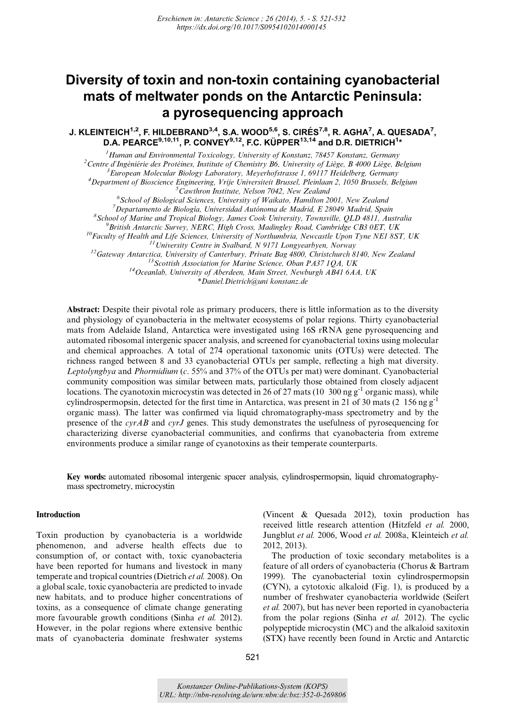 Diversity of Toxin and Non-Toxin Containing Cyanobacterial Mats of Meltwater Ponds on the Antarctic Peninsula : a Pyrosequencing