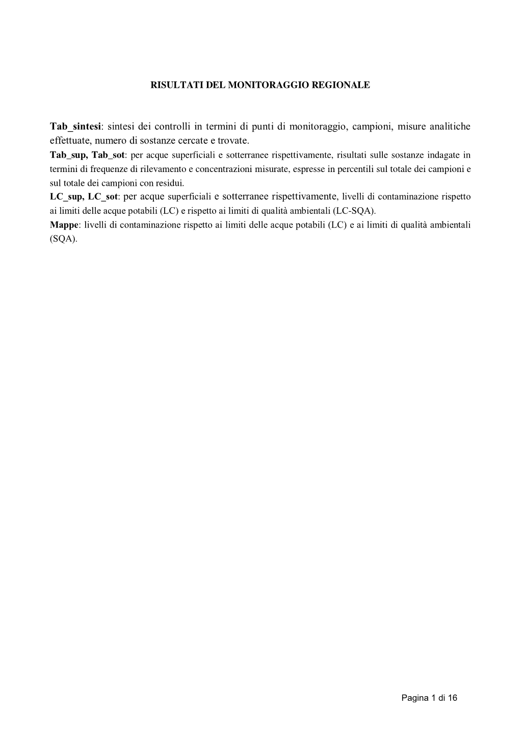 Tab Sintesi: Sintesi Dei Controlli in Termini Di Punti Di Monitoraggio, Campioni, Misure Analitiche Effettuate, Numero Di Sostanze Cercate E Trovate