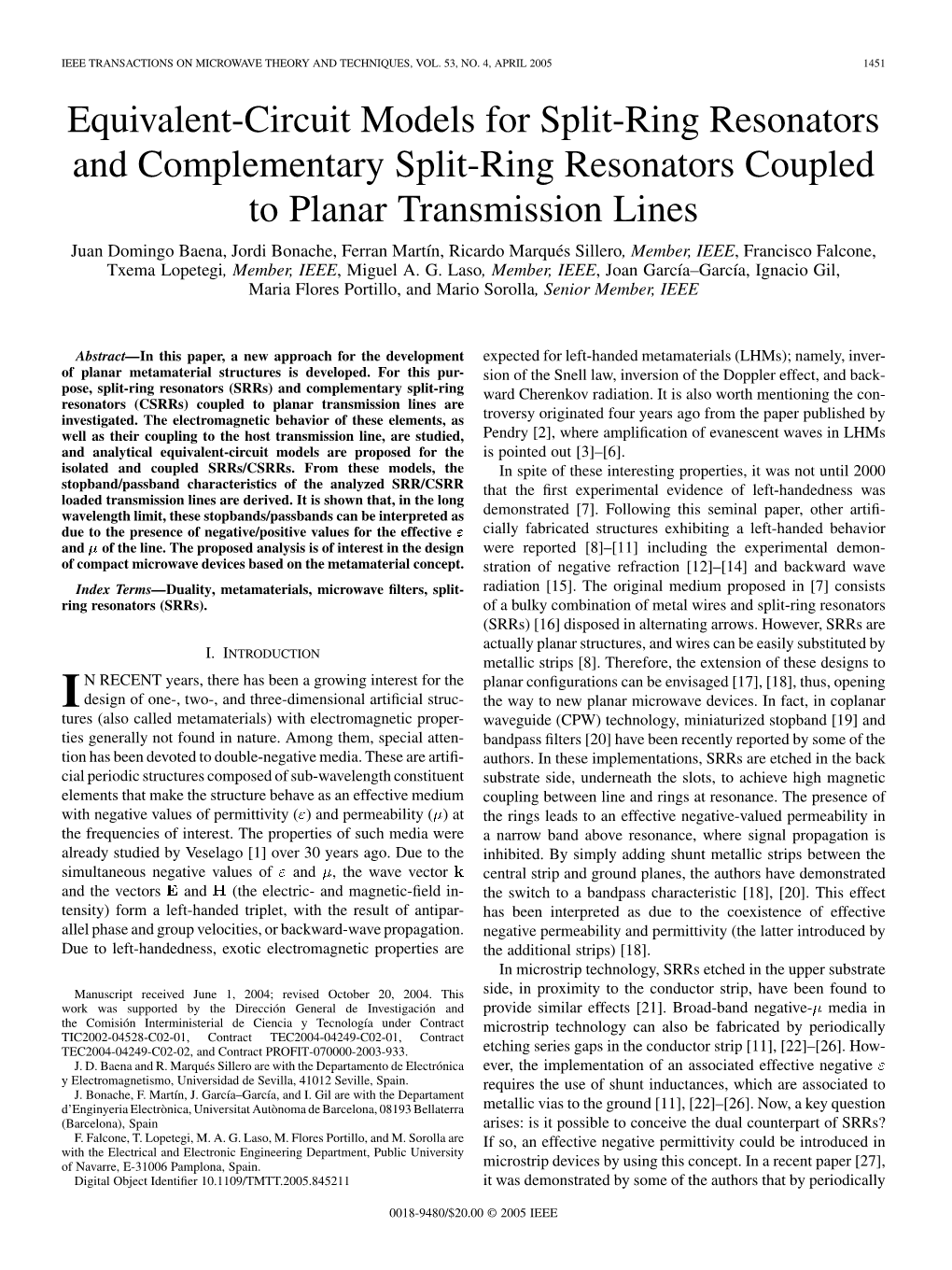 Equivalent-Circuit Models for Split-Ring Resonators And