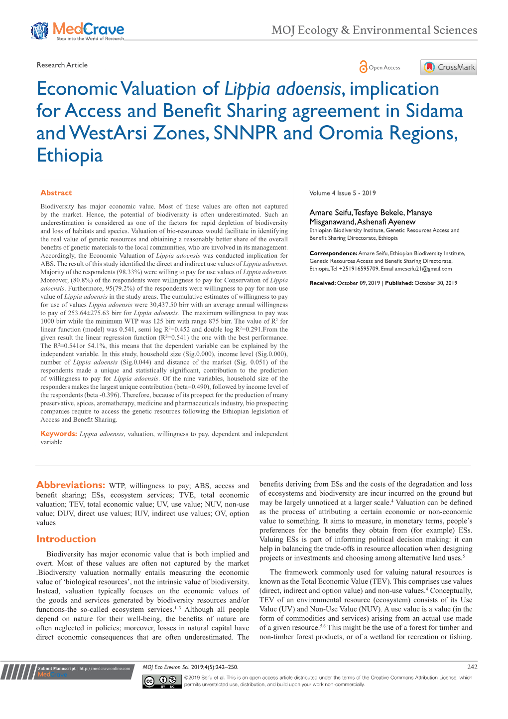 Lippia Adoensis, Implication for Access and Benefit Sharing Agreement in Sidama and Westarsi Zones, SNNPR and Oromia Regions, Ethiopia