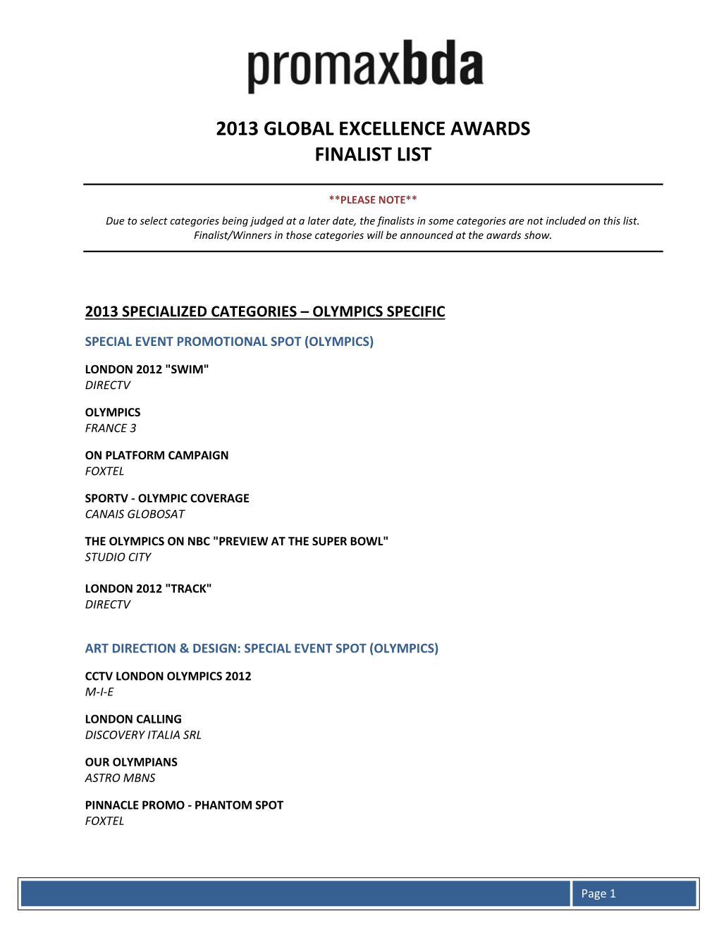 2013 Global Excellence Awards Finalist List