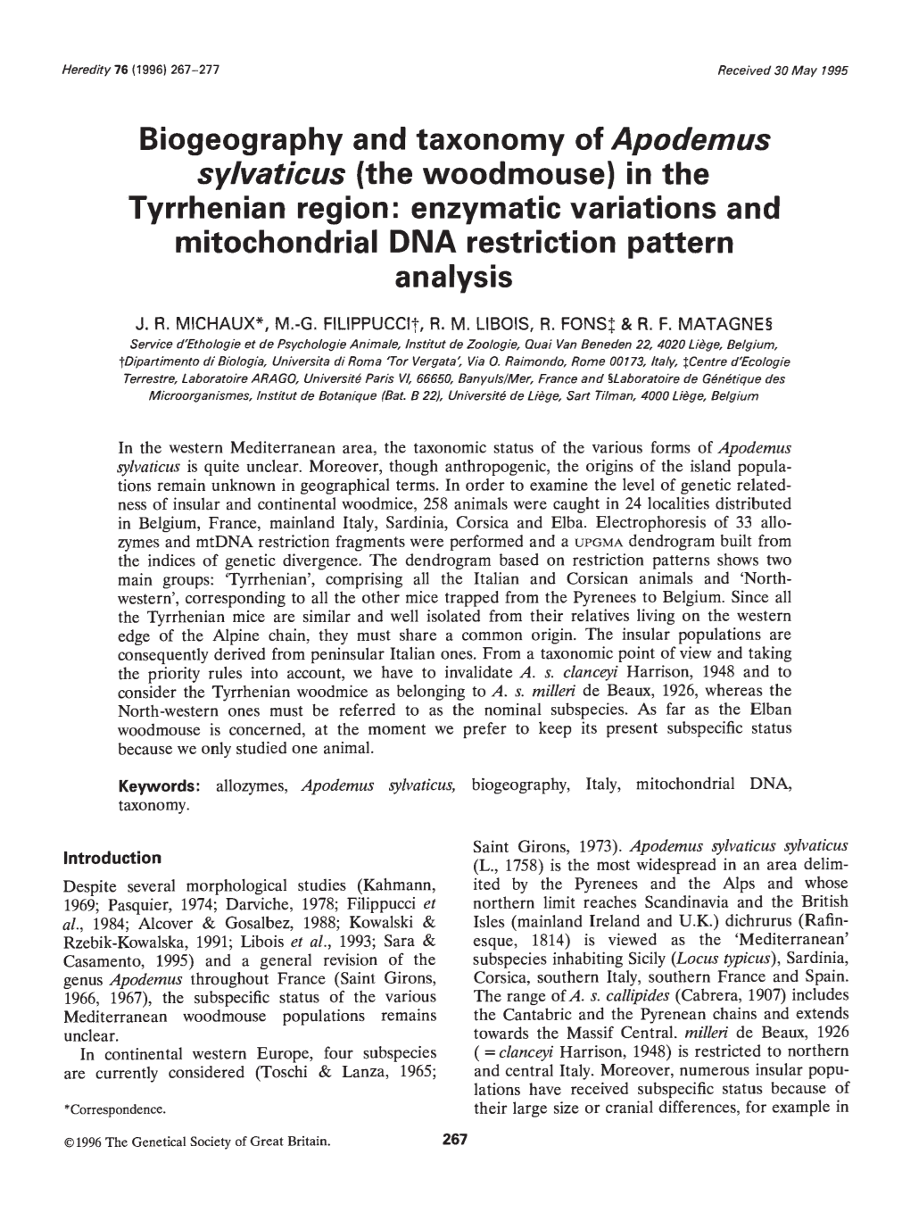 Biogeography and Taxonomy of Apodemus Sylvaticus (The Woodmouse) in the Tyrrhenian Region: Enzymatic Variations and Mitochondrial DNA Restriction Pattern Analysis J