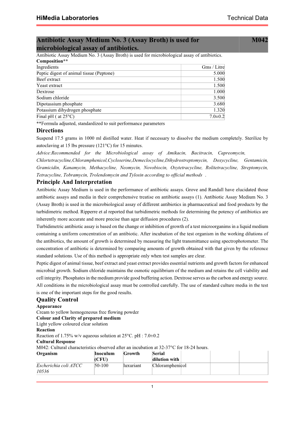 Antibiotic Assay Medium No. 3 (Assay Broth) Is Used for Microbiological Assay of Antibiotics. M042