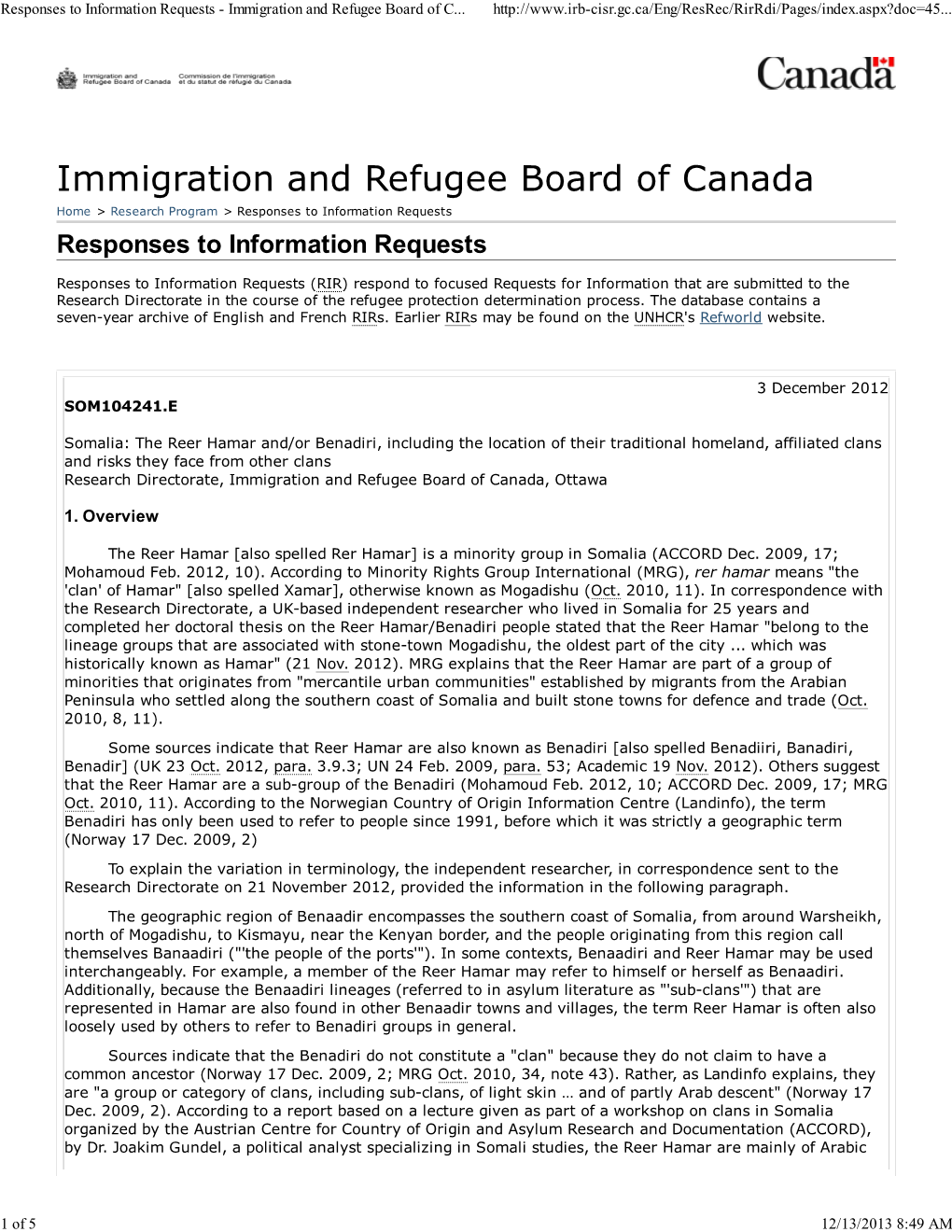 Immigration and Refugee Board of Canada Home > Research Program > Responses to Information Requests Responses to Information Requests