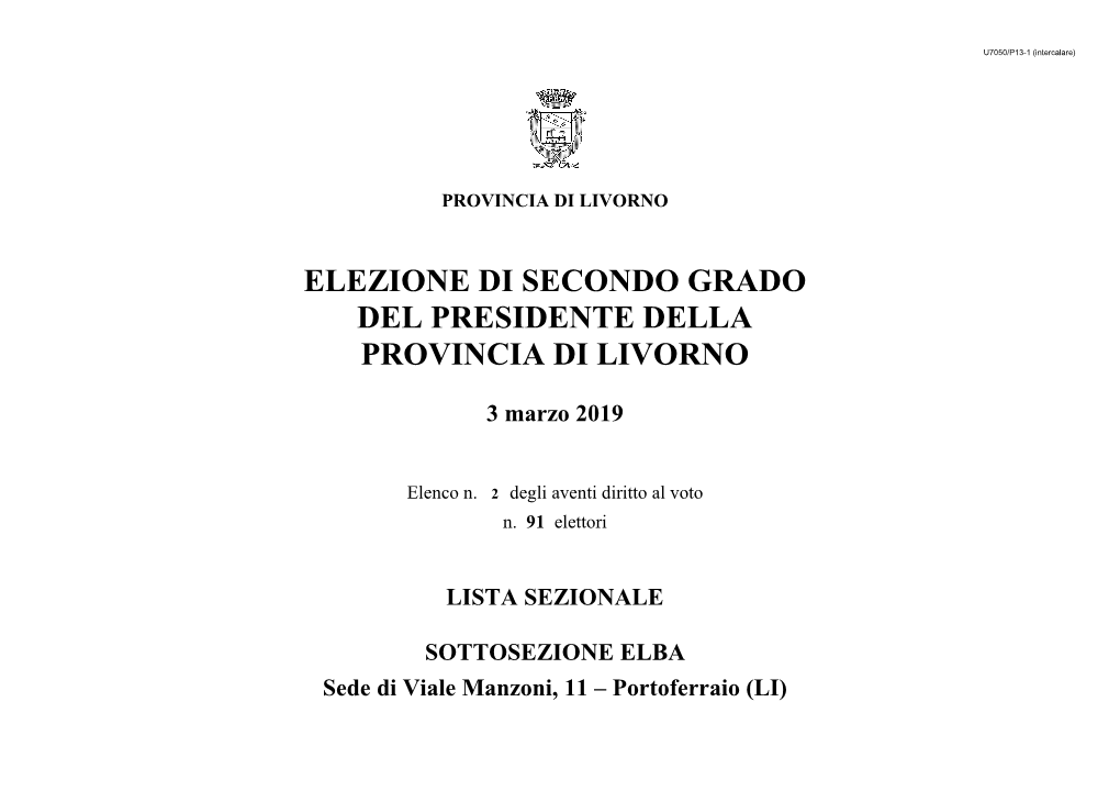 Lista Sezionale Aventi Diritto Al Voto Sottosezione Elba