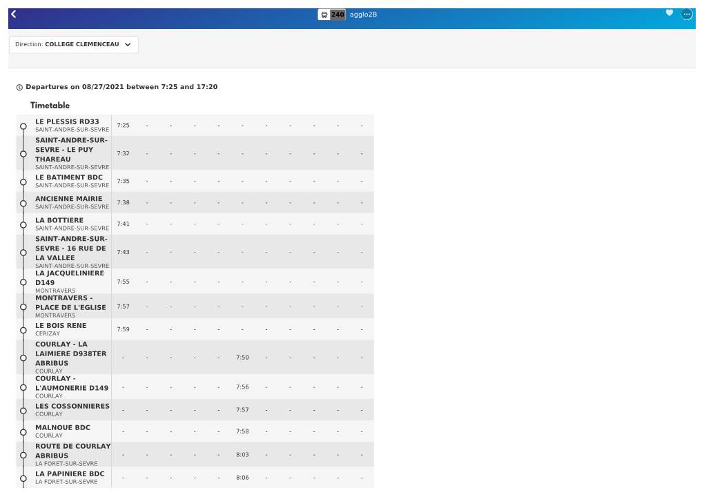 Agglo2b 240 Departures on 08/27/2021 Between 7:25 and 17:20 LE PLESSIS RD33 SAINT-ANDRE-SUR- SEVRE