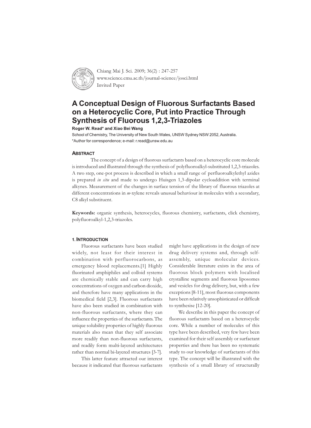 A Conceptual Design of Fluorous Surfactants Based on a Heterocyclic Core, Put Into Practice Through Synthesis of Fluorous 1,2,3-Triazoles Roger W