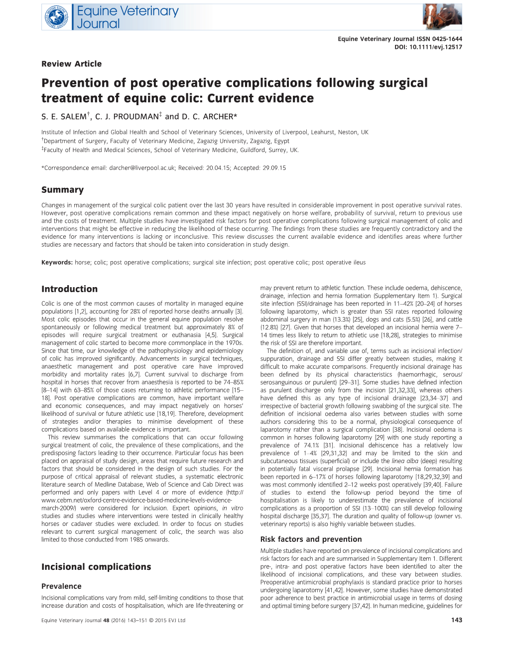 Prevention of Post Operative Complications Following Surgical Treatment of Equine Colic: Current Evidence † ‡ S