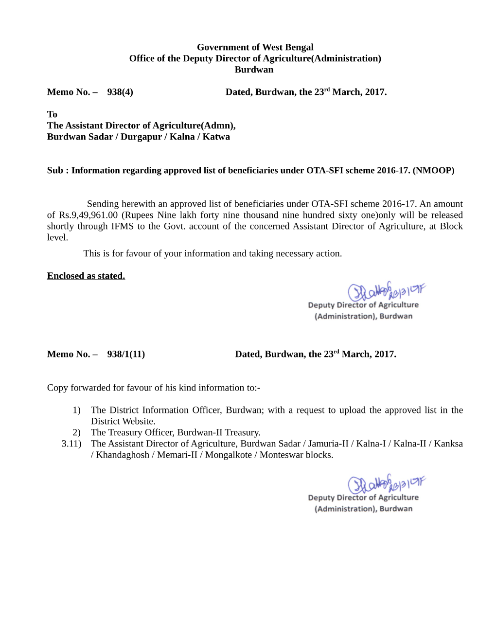Government of West Bengal Office of the Deputy Director of Agriculture(Administration) Burdwan