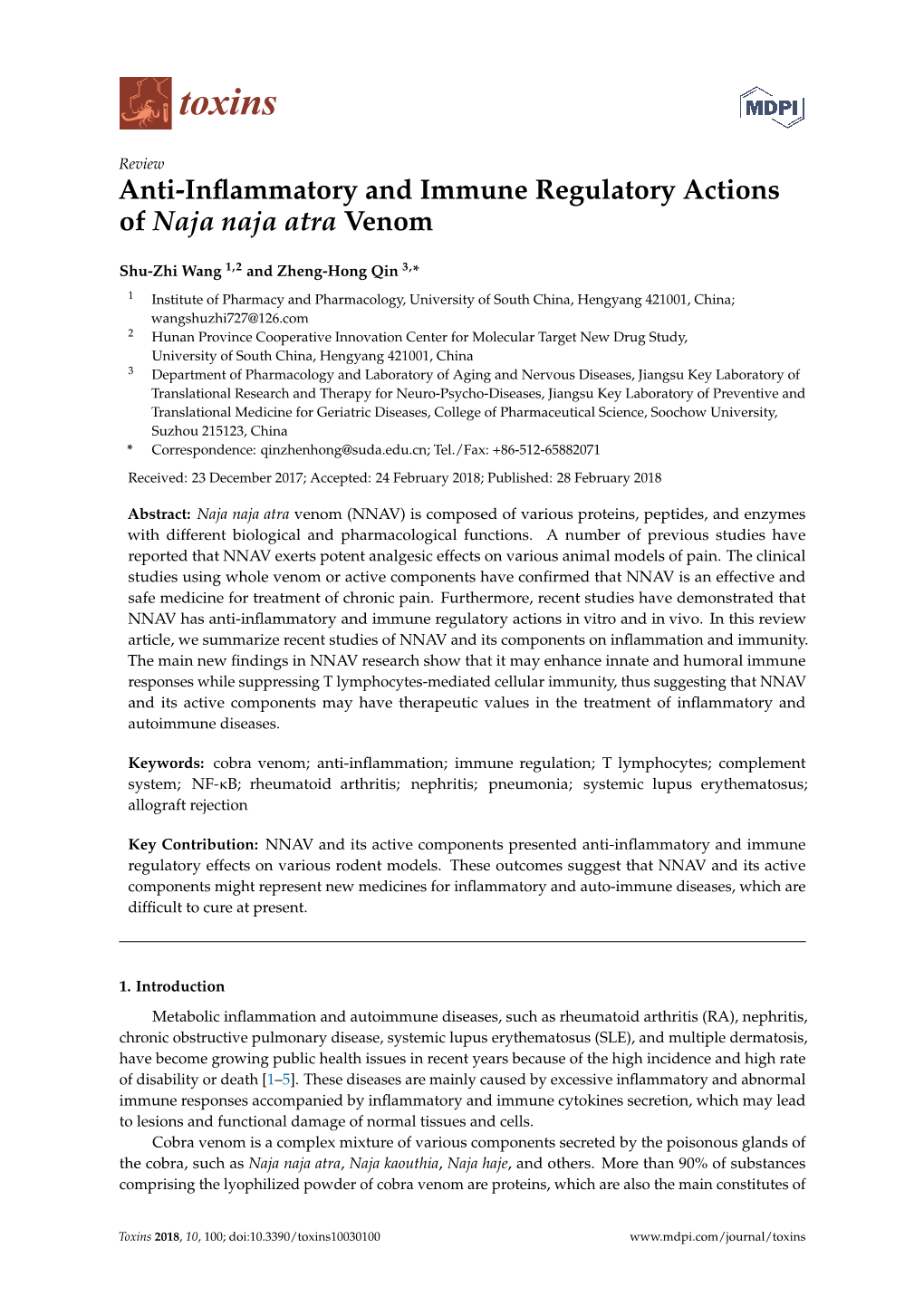 Anti-Inflammatory and Immune Regulatory Actions of Naja Naja