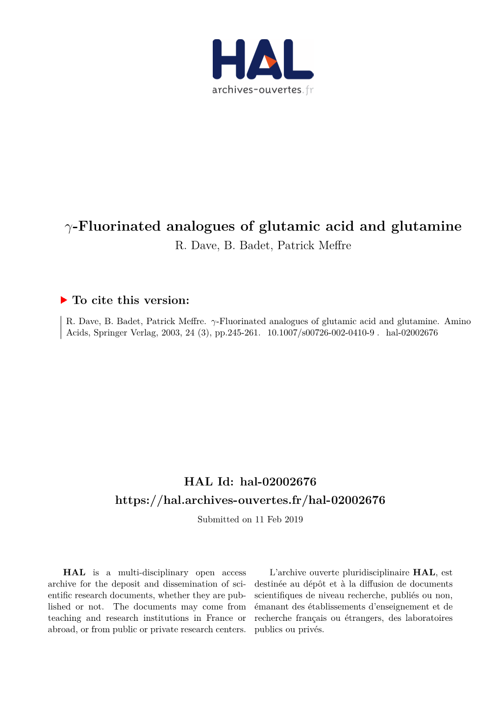 Fluorinated Analogues of Glutamic Acid and Glutamine R