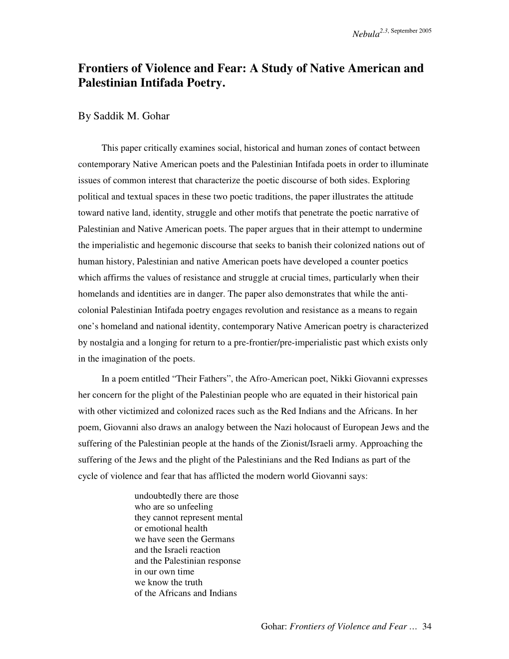 Frontiers of Violence and Fear: a Study of Native American and Palestinian Intifada Poetry
