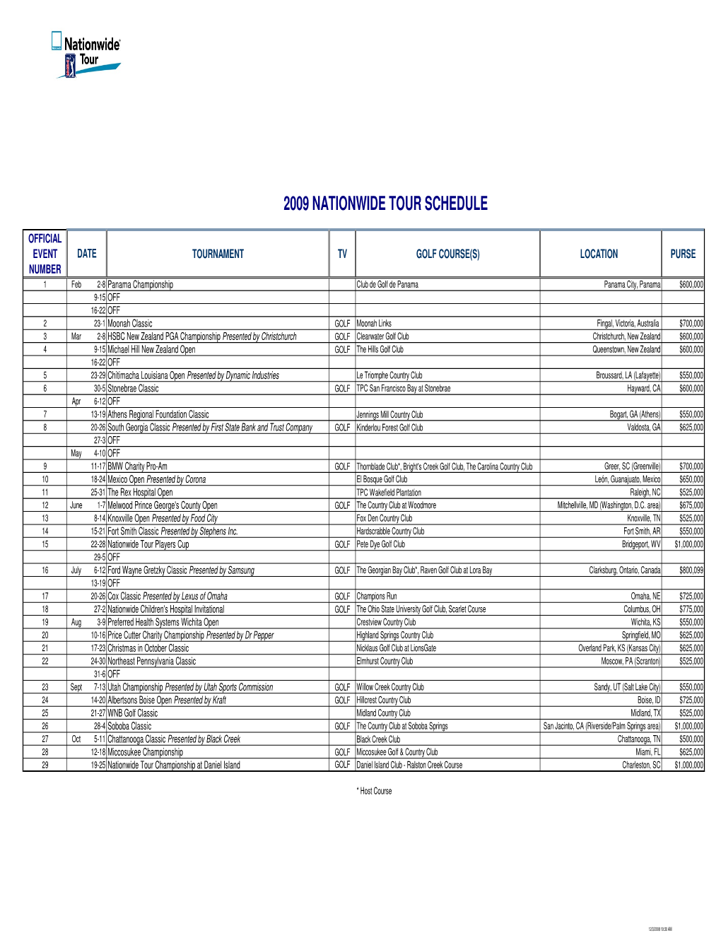 Nationwide Tour Schedule