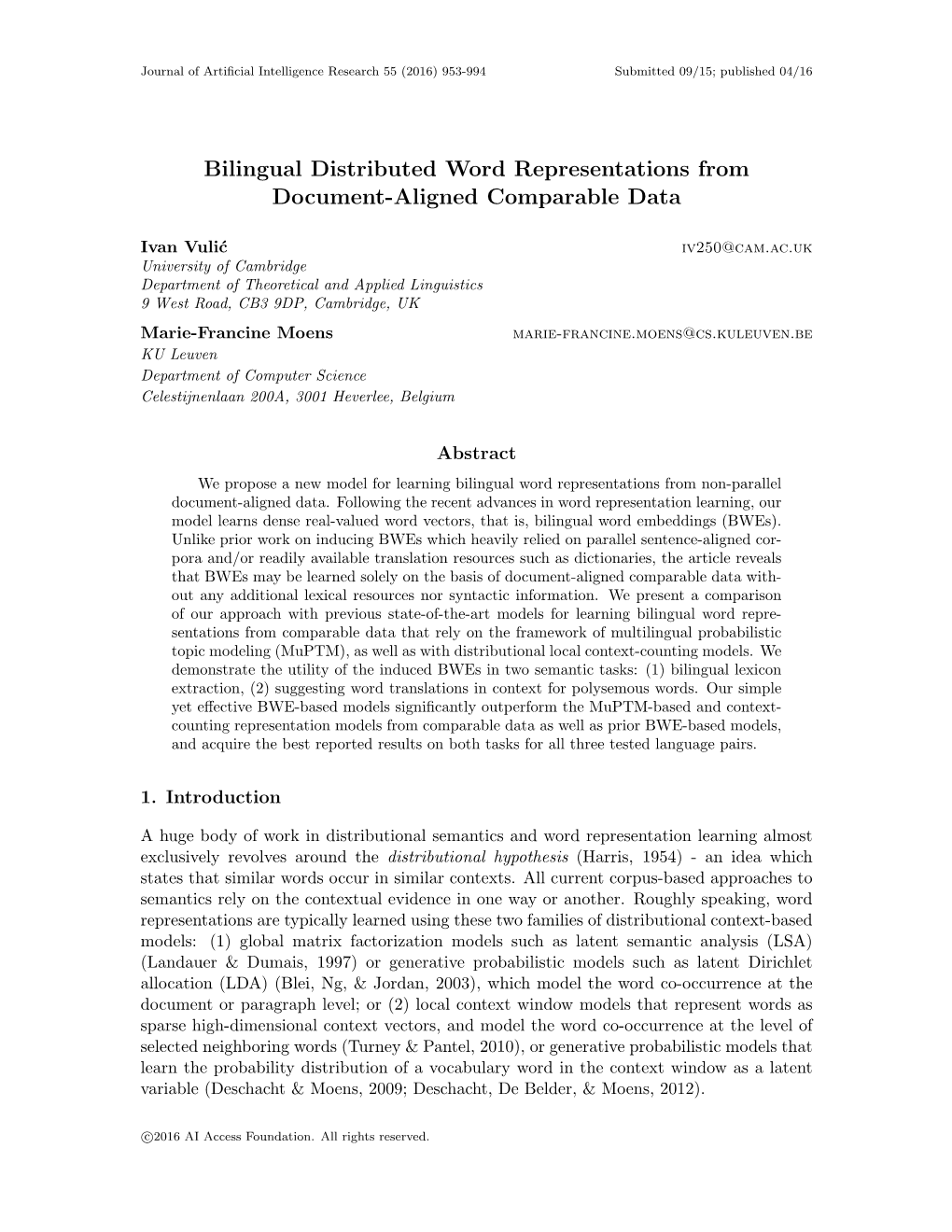Bilingual Distributed Word Representations from Document-Aligned Comparable Data