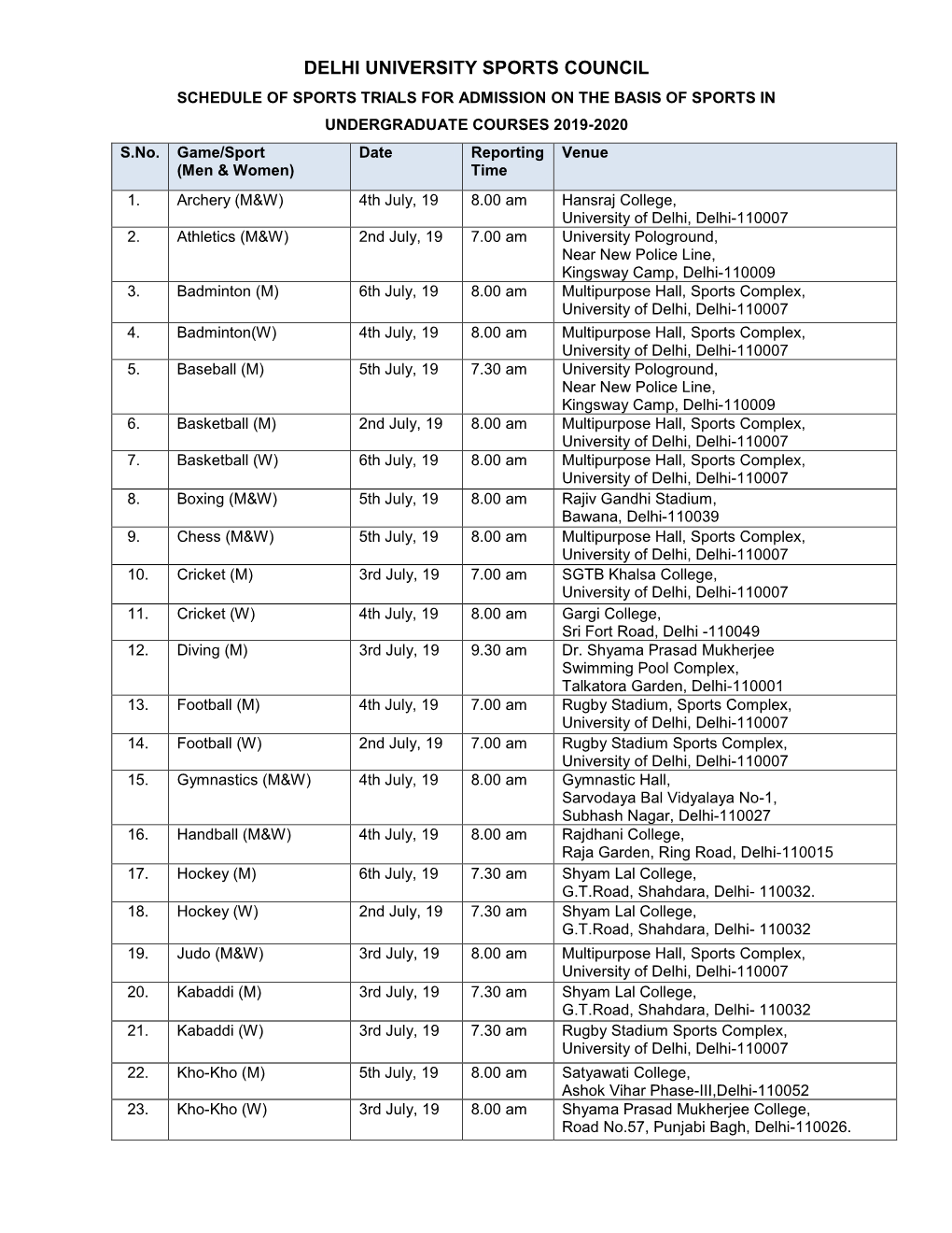 DU Sports Trial Schedule for the 2019-20