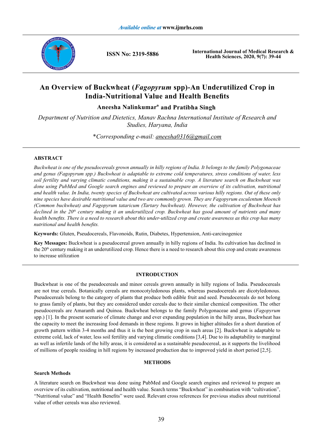 An Overview of Buckwheat (Fagopyrum Spp)-An Underutilized